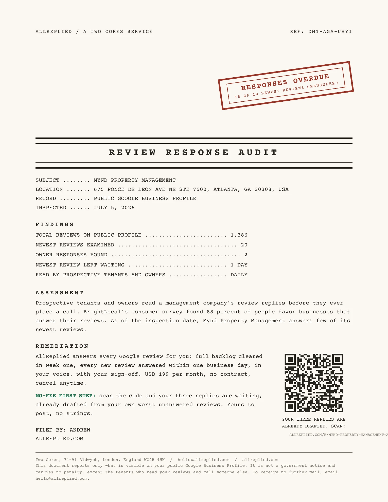 The actual AllReplied response overdue report sent to Mynd Property Management