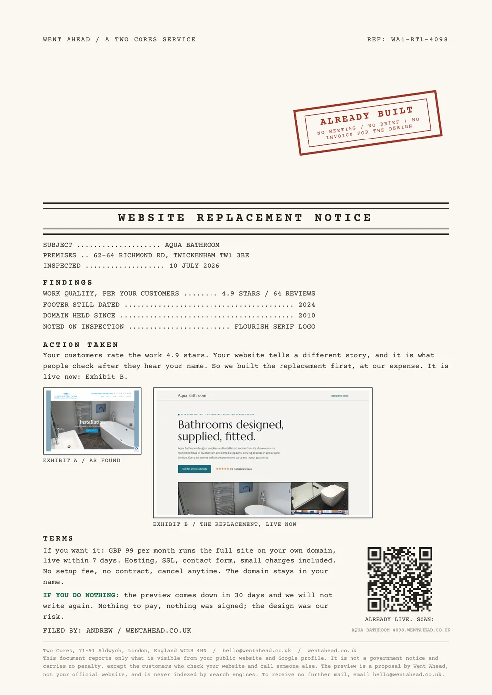 Went Ahead website replacement letter for Aqua Bathroom